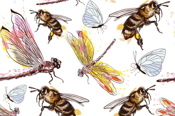 Vector Dragonfly Bees and Butterflies: A Beautiful Watercolor Pattern for Creative Projects